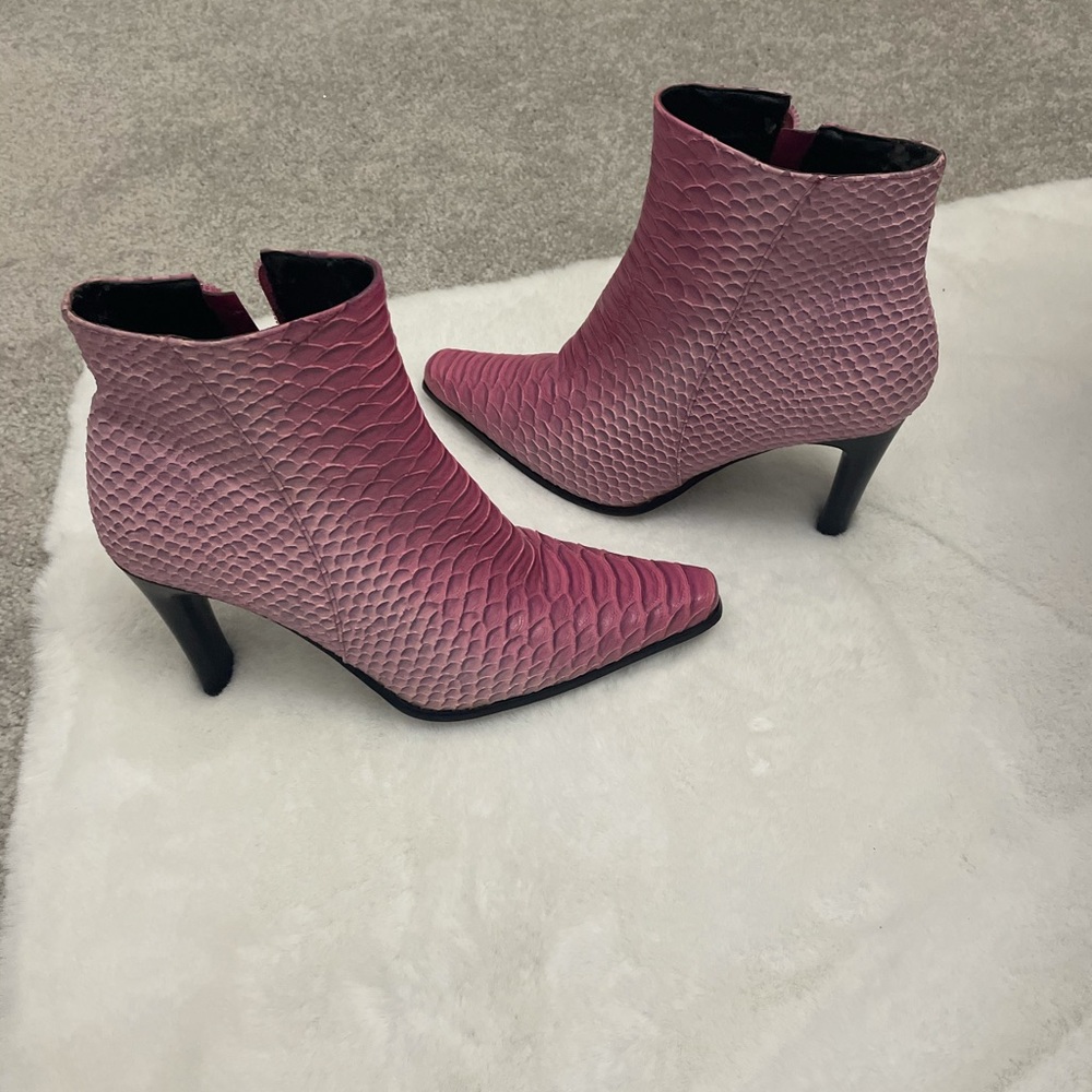 Pink Python-Embossed Leather Ankle Boots - Picture 1 of 10